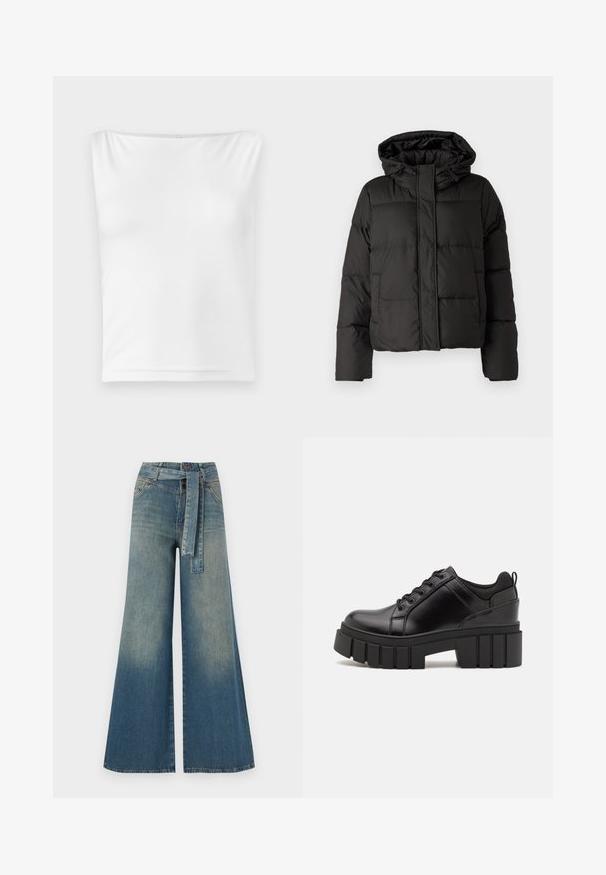Sort pufferjakke med hætte, lynlås foran, quiltet mønster og elastiske manchetter. Fremstillet af glat syntetisk materiale.; Hvid ærmeløs top med en lige udskæring, lavet af glat stof, med en tætsiddende silhuet og uden synlige hardware eller mønstre.; Bredbens-denimbukser med en lys til mørk blå gradient, høj talje, bælteløkker og et matchende stofbælte. Tekstureret denimfinish.; Sorte læder platform sko med en klodset blokhæl, rund tå og traditionelt snøredesign. Har en glat tekstur og minimal detaljering.
