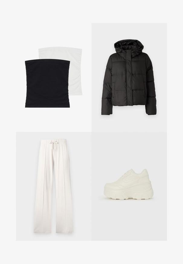 Black puffer jacket with a hood, zip front closure, quilted pattern, and elastic cuffs. Made from smooth synthetic material.; Two stretchable tube tops, one in black and the other in white, featuring soft, smooth fabric and gathered texture along the sides.; Light beige sweatpants made of soft fabric, featuring a drawstring waist, wide legs, and vertical seams, with a smooth texture.; White platform sneakers featuring a smooth leather-like upper, rounded shape, padded collar, and textured rubber sole with defined treads.