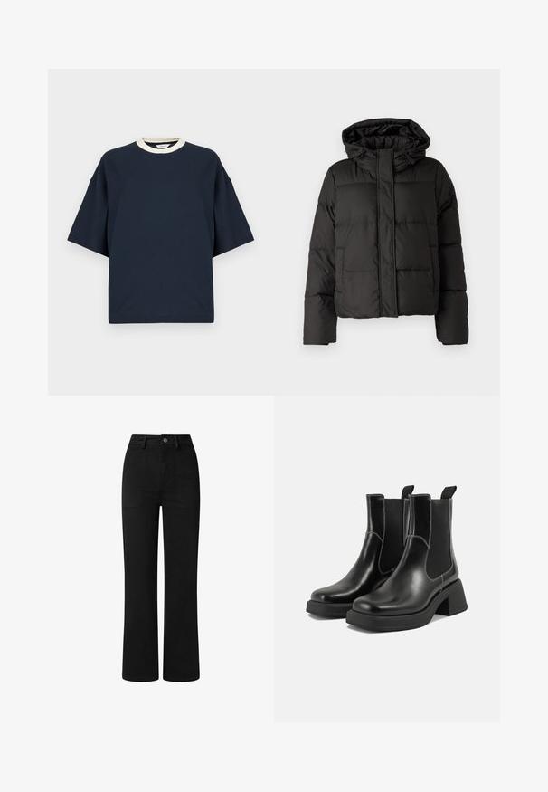 Must musterk jacket, millede, tõmbluku ees sulgemine, tikandmuster ja elastsed mansetid. Valmistatud siledast sünteetilisest materjalist.; Tumesinine suurendatud T-särk kontrastse kreemika soonikuga kaelaosaga. Lühikesed varrukad ja mugav lõike. Valmistatud pehmest puuvillakangast.; Mustad, kõrge vöökohaga püksid sirge jala disainiga, valmistatud siledast puuvillast kangast. Omab eespool taskuid ja lihtsat metallist nööbisuletust.; Must musta Chelsea saapad, millel on paks konts, elastsed külgpaneelid ja kontrastne valge õmblus. Tekstuuriga viimistlus.