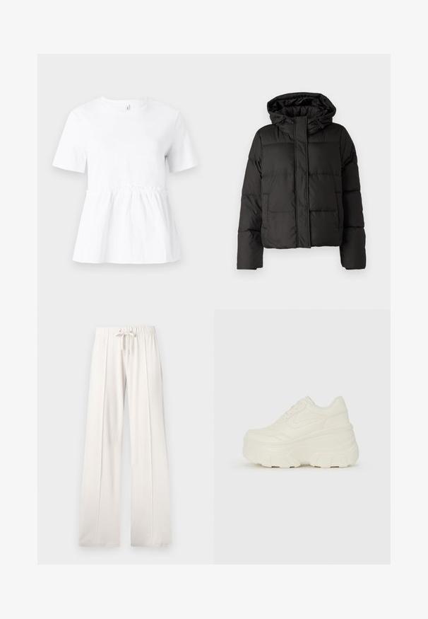Čierna prešívaná bunda s kapucňou, so zipsom vpredu, prešívaným vzorom a elastickými manžetami. Vyrobená z hladkého syntetického materiálu.; Biela tričko s krátkymi rukávmi a zúženým pásom, s voľným strihom a hladkou bavlnenou textúrou. Jednoduchý okrúhly výstrih.; Svetlobéžové tepláky z mäkkej tkaniny s nastaviteľným pásom, širokými nohavicami a vertikálnymi švami, s hladkým povrchom.; Biele platformové tenisky s hladkým koženkovým svrchným materiálom, zaobleným tvarom, polstrovaným golierom a textúrovanou gumovou podrážkou s výrazným vzorom.