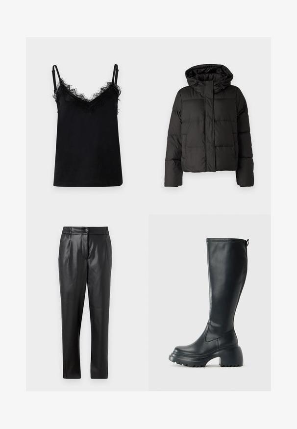 Fekete puffernadrág kapucnival, elöl cipzárral záródik, steppelt mintázattal és elasztikus mandzsettákkal rendelkezik. Simább szintetikus anyagból készült.; Fekete spagettipántos blúz sima anyagból, csipkés díszítéssel a nyakrészen és a pántok mentén. Vékony, állítható pántok teszik teljessé a dizájnt.; Fekete bőr nadrág sima textúrával, egyenes szabással, rugalmas derékkal és elülső gombos záródással; pliszírozott részletezéssel és szűkített lábakkal.; Magas fekete bőrcipő, vastag platform talppal és blokk sarokkal, húzófüllel és texturált profillal az outsole-on.