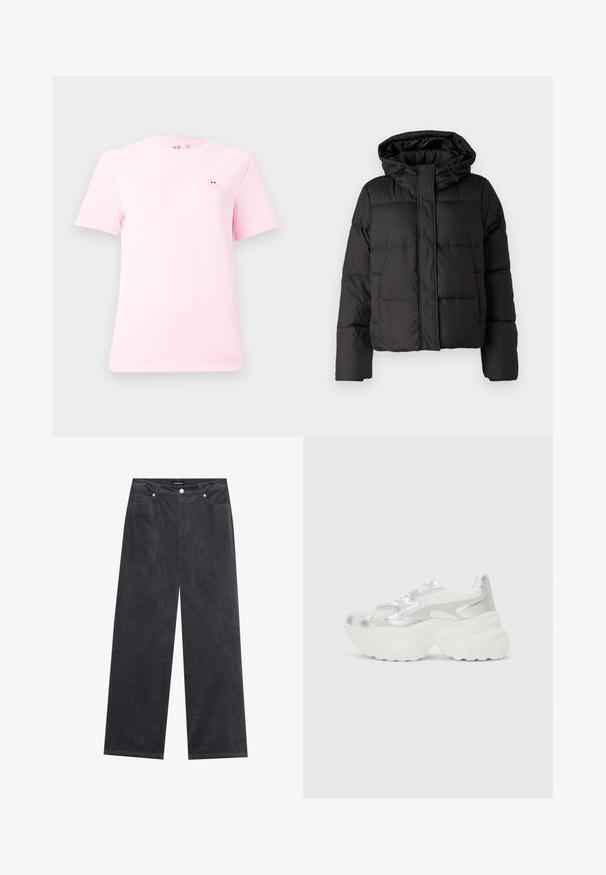 Svart pufferjakke med hette, glidelås foran, quiltet mønster og elastiske ermer. Laget av glatt syntetisk materiale.; Lys rosa t-skjorte med korte ermer laget av bomull, med et lite rundt smilefjes-trykk på venstre bryst. Myk tekstur og standard passform.; Bredde ben bukser i mørkegrå kordfløyel med knappelukking, fire lommer og en myk tekstur.; Sølv sneakers med en teksturert mesh-overdel og iriserende aksenter, med en kraftig hvit såle og snørelukking.