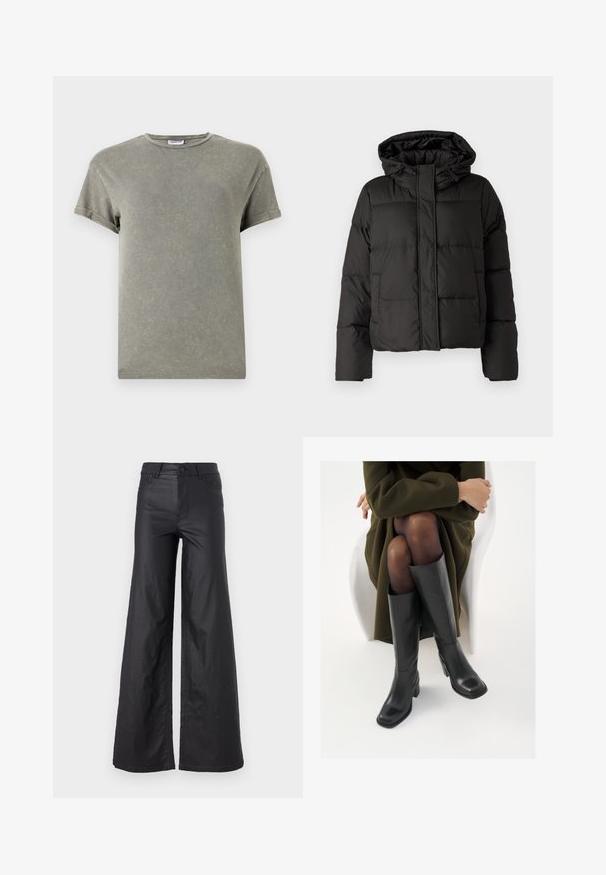 Černá péřová bunda s kapucí, zipovým zapínáním, prošívaným vzorem a elastickými manžetami. Vyrobena z hladkého syntetického materiálu.; Zesláblé zelené tričko, krátké rukávy, kulatý výstřih, měkký bavlněný materiál, mírně opotřebovaný vzhled, pohodlný střih.; Černé kalhoty s širokými nohavicemi ze syntetické kůže. Mají vysoký pás, poutka na opasek, dvě přední kapsy a prošívané detaily.; Černé kožené boty po kolena s hranatou špičkou a blokovým podpatkem, předvedené na modelce sedící v olivově zeleném kabátu. Hladký povrch, minimalizované detaily.