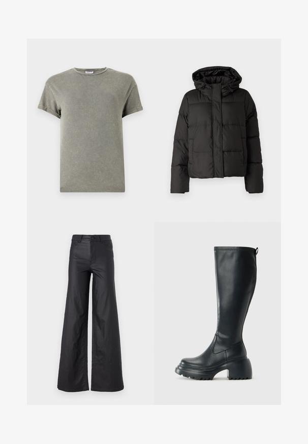 Casaco puffer preto com capuz, fecho frontal com zip e padrão acolchoado, com punhos elásticos. Feito de material sintético liso.; Camiseta verde desbotada, mangas curtas, gola redonda, material de algodão macio, textura ligeiramente desgastada, corte casual.; Calças largas pretas em material de pele sintética. Apresentam uma cintura alta, passadores de cinto, dois bolsos frontais e detalhes cosidos.; Bota preta de couro alta com sola de plataforma robusta e salto bloco, apresentando puxador e padrão texturizado na sola.