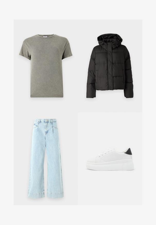 Casaco puffer preto com capuz, fecho frontal com zip e padrão acolchoado, com punhos elásticos. Feito de material sintético liso.; Camiseta verde desbotada, mangas curtas, gola redonda, material de algodão macio, textura ligeiramente desgastada, corte casual.; Calças de ganga de perna larga de cor azul-claro, com uma cintura alta, bolsos frontais e detalhes cosidos na bainha.; Tênis plataforma brancos feitos de material sintético suave, apresentando ponta arredondada, design com cadarços e sola de borracha texturizada. Acento preto no calcanhar.