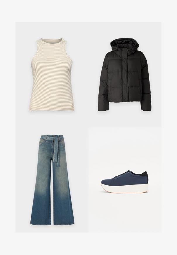 Svart puffjacka med huva, dragkedja fram, kviltat mönster och elastiska ärmslut. Tillverkad av ett slätt syntetiskt material.; Ärmelig topp med hög krage, tillverkad av strukturerad tyg med tunna horisontella beiga och vita ränder. Åtsittande design, utan synlig hårdvara.; Breda denimbyxor med en ljus till mörkblå gradient, hög midja, bälteshällor och ett matchande tygbälte. Texturerad denimfinish.; Marinblå sneaker med en strukturerad tygöverdela, vit plattformssula, rund tå och svart hälsaccent. Har sex hål för snörning.