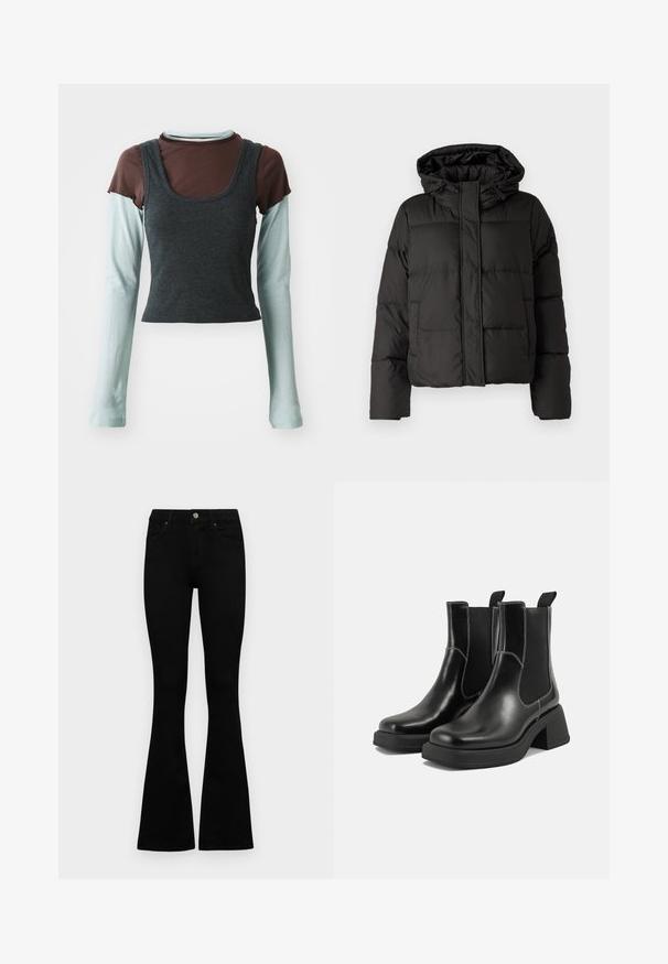Czarna puchowa kurtka z kapturem, z zamkiem z przodu, pikowany wzór i elastyczne mankiety. Wykonana z gładkiego materiału syntetycznego.; Warstwowa bluzka z długim rękawem, składająca się z ciemnoszarego prążkowanego topu na krótki rękaw, zakładającego jasnoniebieską bazową warstwę z długim rękawem oraz brązowej koszulki na krótki rękaw.; Czarne, wysokie dżinsy z guzikem i zamkiem błyskawicznym, z przednimi kieszeniami i rozszerzanymi nogawkami, leżące płasko na białym tle.; Czarne skórzane botki Chelsea na mocnej podeszwie, z elastycznymi panelami bocznymi i kontrastującym białym ściegiem. Teksturowane wykończenie.