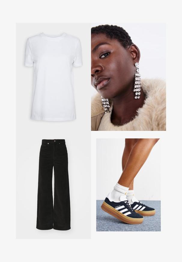 Crna puffer jakna s kapuljačom, zatvaranjem na zip, kviltanim uzorkom i elastičnim manžetama. Izrađena od glatkog sintetičkog materijala.; Bijela kratka majica s kratkim rukavima od pamuka. Dizajn s okruglim izrezom, glatke teksture i bez vidljivih uzoraka ili naglasaka. Osnovni stil.; Crne kadurice široke nogavice s visokim strukom, sadrži dva prednja džepa i metalno dugme za zatvaranje. Teksturalna tkanina s vertikalnim ridovima.; Crne tenisice od brušene kože s bijelim prugama i detaljima, okruglim vrhom, gumeni potplat boje gume, uparene s bijelim rebrastim čarapama.; Srebrne visoke naušnice s višestrukim prozirnim kamenčićima, koje imaju kaskadni dizajn i teksturirane površine, postavljene na neutralnu pozadinu.