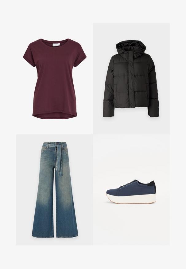 Schwarze Daunenjacke mit Kapuze, Reißverschluss auf der Vorderseite, gestepptem Muster und elastischen Bündchen. Hergestellt aus glattem Synthetikmaterial.; Burgunderfarbene Kurzarm-T-Shirt mit Rundhalsausschnitt, leicht längerem Rücken und umgeschlagenen Ärmeln, aus weichem Material gefertigt.; Weit geschnittene Denim-Hosen mit einem Farbverlauf von hellblau zu dunkelblau, hoher Taille, Gürtelschlaufen und einem passenden Stoffgürtel. Strukturierte Denim-Oberfläche.; Dunkelblaue Sneaker mit einem strukturierten Obermaterial, weißer Plattformsohle, runder Zehenpartie und schwarzem Fersenakzent. Verfügt über sechs Ösen für die Schnürsenkel.