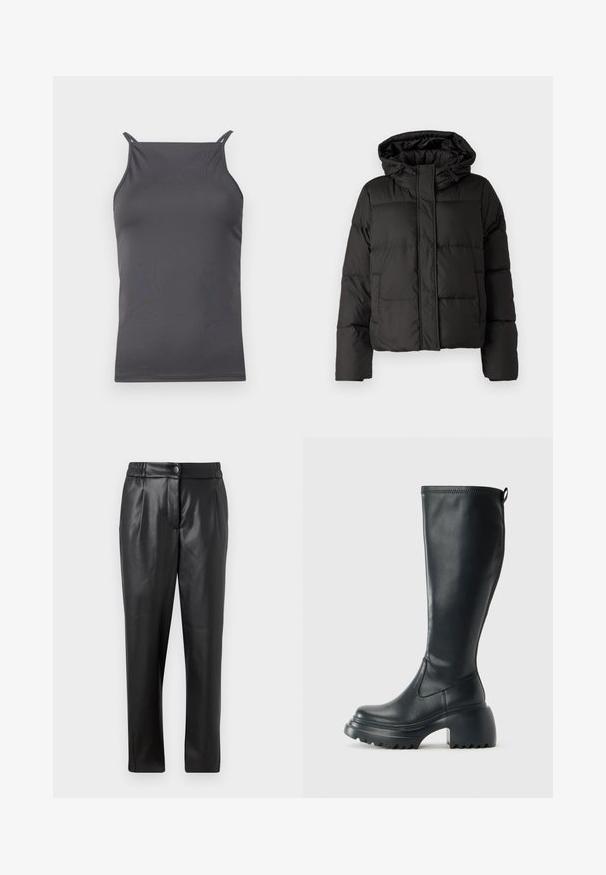 Geacă puffer neagră cu glugă, închidere cu fermoar în față, model matlasat și manșete elastice. Realizată din material sintetic neted.; Top gri fără mâneci, realizat dintr-un material neted și ușor. Are bretele subțiri și un design simplu, ajustat.; Pantaloni din piele neagră cu o textură netedă, croială dreaptă, talie elastică și închidere cu nasture frontal; detalii plisate și picioare înguste.; Cizme lungi din piele neagră cu talpă platformă masivă și tocul pătrat, având un tab de tragere și un model texturat pe talpa exterioară.