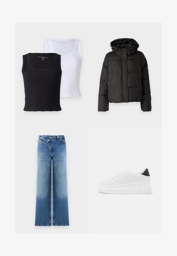 Must musterk jacket, millede, tõmbluku ees sulgemine, tikandmuster ja elastsed mansetid. Valmistatud siledast sünteetilisest materjalist.; Kaks puuvillast särkide toppi, üks must ja teine valge. Mõlemad on ribakujulise tekstuuriga, laia kaelusega ja kehasse sobiva kujuga.; Heledad sinised laiad püksid, millel on kulunud pesu, klassikalise viie taskuga disain ja metallnupukillad vööl.; Valged platvormsneakerid, mis on valmistatud siledast sünteetilisest materjalist, ovaalse toe, paelkinnise disaini ja tekstuurse kummitaldiga. Must kontsrihm.