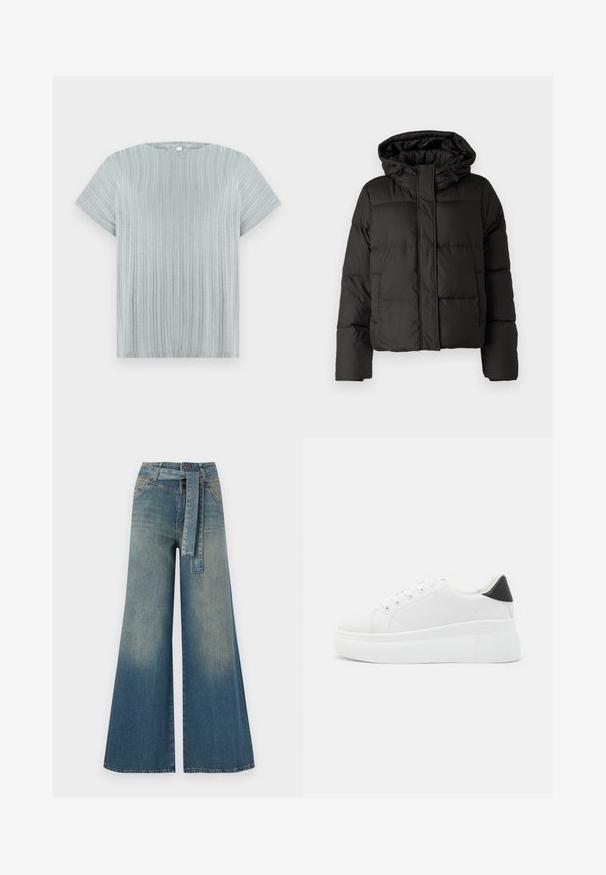 Melna pūkainā jaka ar kapuci, ar rāvējslēdzēju priekšpusei, ar izšūtu rakstu un elastīgām aprocēm. Izgatavota no gludas sintētiskas vielas.; Gaišpelēka īsrokas blūze ar ribotu tekstūru un apaļu kakla izgriezumu, kurai ir vertikālas svītras uz auduma.; Platām kājām džinsu bikses ar gaismas līdz tumši zilam gradientam, augstu jostas līniju, jostas cilpām un atbilstošu auduma jostu. Tekstūrēts džinsas apdare.; Baltas platforma kedas, izgatavotas no gludas sintētiskas vielas, ar noapaļotu purngalu, saites dizainu un teksturētu gumijas zoli. Melna papēža akcenta detaļa.