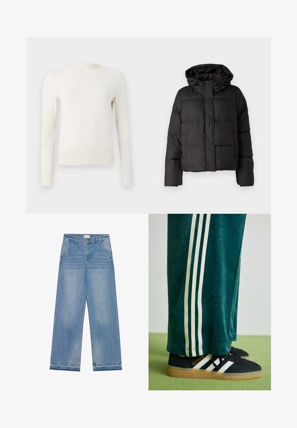 Svart pufferjakke med hette, glidelås foran, quiltet mønster og elastiske ermer. Laget av glatt syntetisk materiale.; Langermet, kremfarget tettsittende topp med rynket båtue og kant, vist på en enkel lys grå bakgrunn.; Lys blå høyt liv vid ben jeans med knappelukking, frontlommer, beltehemper og subtile falmede detaljer.; Grønne teksturerte bukser med hvite sidelister, kombinert med sorte Adidas-sneakers med tre hvite striper og en gummisåle.