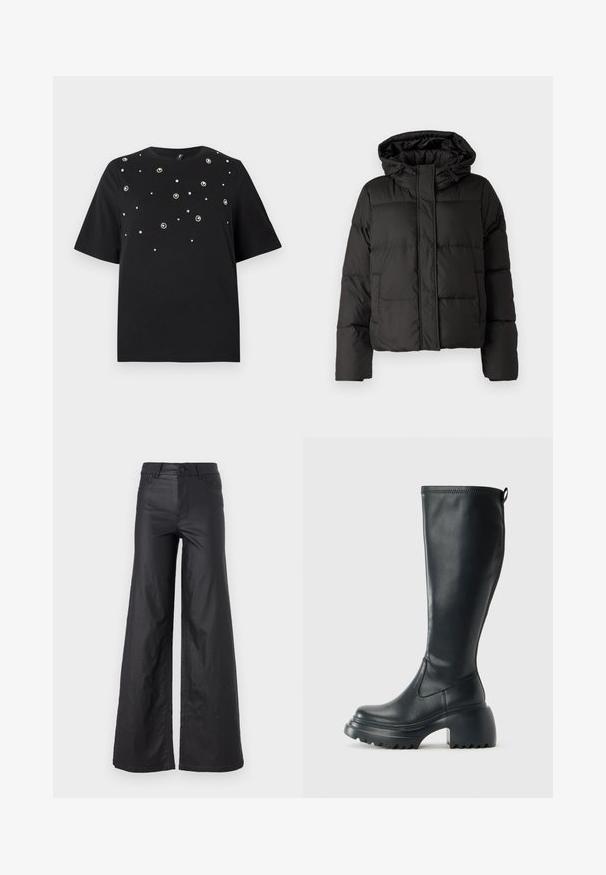 Čierna prešívaná bunda s kapucňou, so zipsom vpredu, prešívaným vzorom a elastickými manžetami. Vyrobená z hladkého syntetického materiálu.; Čierne tričko s krátkymi rukávmi, okrúhlym výstrihom a rozptýlenými striebornými ozdobami v kvetinových vzoroch na prednej strane.; Čierne široké nohavice z materiálu imitujúceho kožu. Majú vysoký pás, pútka na opasok, dve predné vrecká a šité detaily.; Vysoká čierna kožená čižma s masívnou platformou a blokovým podpätkom, s praktickým pútkom a textúrovaným vzorom na podošve.