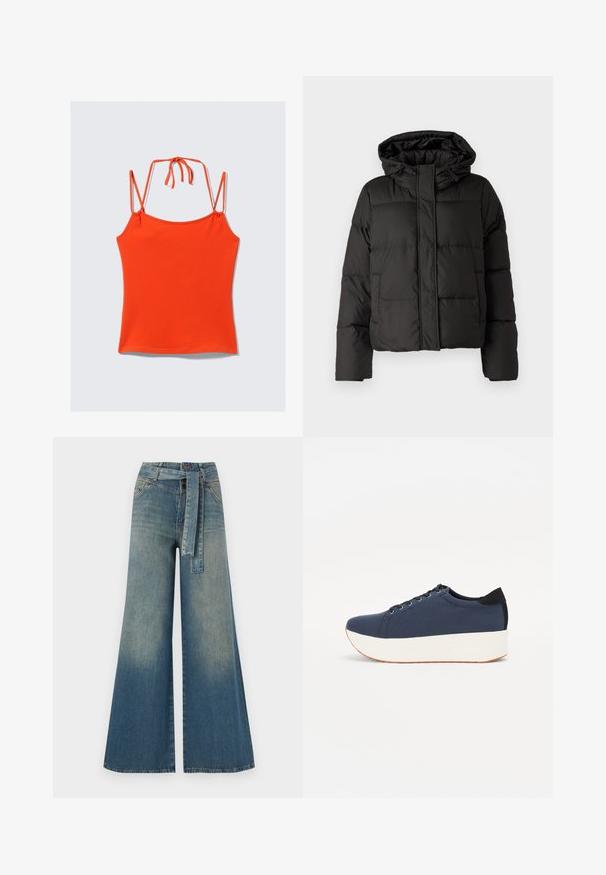 Black puffer jacket with a hood, zip front closure, quilted pattern, and elastic cuffs. Made from smooth synthetic material.; Orange, sleeveless top with thin straps. Designed with a fitted silhouette, smooth texture, and adjustable tie detail at the back.; Wide-leg denim trousers featuring a light to dark blue gradient, high waist, belt loops, and a matching fabric belt. Textured denim finish.; Navy blue sneaker with a textured fabric upper, white platform sole, rounded toe, and black heel accent. Features six eyelets for laces.