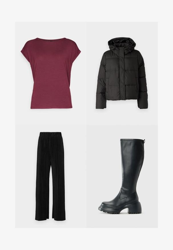 Zwarte gewatteerde jas met capuchon, ritssluiting aan de voorkant, gestikt patroon en elastische manchetten. Gemaakt van glad synthetisch materiaal.; Vero Moda VMAVA PLAIN - T-shirt basic - port royale; Zwarte geplooide broek met een elastische tailleband. Beschikt over wijde pijpen en een glad, gestructureerd stof met verticale strepen.; Hoge zwarte leren laars met een chunky plateauzool en blokhak, voorzien van een trekband en een gestructureerd profiel op de buitenzool.