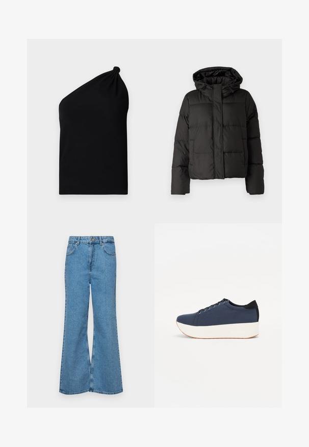 Must musterk jacket, millede, tõmbluku ees sulgemine, tikandmuster ja elastsed mansetid. Valmistatud siledast sünteetilisest materjalist.; Asümmeetriline must lühikeste varrukateta topp, mis on valmistatud siledast kangast, ning millel on sõlmega detail õlal ja keha lähedane lõige.; Heledad sinine flared teksade rõivad, millel on kõrge talje, viis taskut ja üks nupulukk. Pehme tekstuur ja pleekinud viimistlus.; Tumedat sinised tennised tekstureeritud riidest pealispinnaga, valge platvormi tallaga, ümarate varvaste ja musta kontsapaneeliga. Omab kuut silma paelte jaoks.