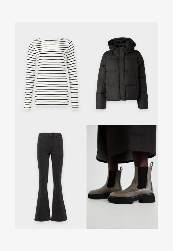 Fekete puffernadrág kapucnival, elöl cipzárral záródik, steppelt mintázattal és elasztikus mandzsettákkal rendelkezik. Simább szintetikus anyagból készült.; Hosszú ujjú csíkozott felső, vízszintes fekete és fehér csíkokkal, kerek nyakkivágással és sima pamut textúrával.; Fekete farmer anyagú harang szabású nadrág, magas derékkal, oldalsó varrással és letisztult szegéllyel. Az anyag sima tapintású, enyhe rugalmassággal.; Szürke bokacsizmák texturált bőrből, elasztikus oldalpanellel és vastag fekete talppal. Könnyű felvételt biztosító húzófülek találhatók rajtuk.