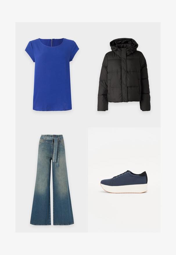 Juodas pūkinis džinsas su kapišonu, užtrauktuku priekyje, siuvinėtu raštu ir elastingais rankogaliais. Pagamintas iš lygios sintetinės medžiagos.; Mėlynas trumpomis rankovėmis viršus, pagamintas iš lygaus audinio. Turi apvalų iškirpimą ir paslėptą užtrauktuką nugaros pusėje. Tiesi apačia.; Platus džinsinis kelnes su šviesiai tamsiai mėlynu gradientu, aukštu juosmeniu, diržo kilpomis ir atitinkančiu audinio diržu. Textūruotas džinsinis paviršius.; Tamsiai mėlynas sportinis batelis su tekstūruotu audiniu viršuje, baltu platformos padu, apvaliu pirštu ir juodu kulno akcentu.š. Yra šešios skylės raišteliams.