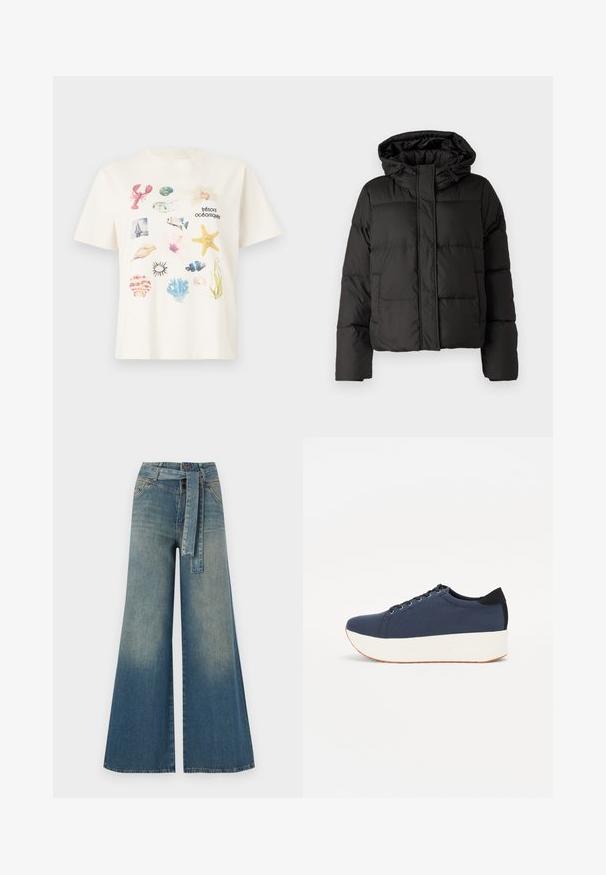 Zwarte gewatteerde jas met capuchon, ritssluiting aan de voorkant, gestikt patroon en elastische manchetten. Gemaakt van glad synthetisch materiaal.; Crème-kleurig katoenen T-shirt met een collage van oceaan-thema graphics, inclusief schelpen, een kreeft en zeeplanten.; Wijduitlopende denim broek met een lichte naar donkere blauwe gradient, hoge taille, riemlussen en een bijpassende stoffen riem. Gestructureerde denimafwerking.; Marineblauwe sneaker met een textuurstof bovenwerk, witte platformzool, ronde neus en zwart hakaccent. Voorzien van zes gaatjes voor veters.