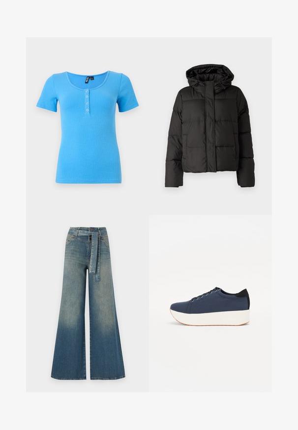 Must musterk jacket, millede, tõmbluku ees sulgemine, tikandmuster ja elastsed mansetid. Valmistatud siledast sünteetilisest materjalist.; Triibuline, lühikeste varrukatega T-särk erksinisena. Omab ümarat kaelust ja kolme nupuga nööpauku ees. Pehme, elastne materjal.; Laiad denimpüksid, millel on hele tume sinine gradiendiefekt, kõrge vöökoht, vöökumlid ja sobivast kangast vöö. Struktureeritud denimi viimistlus.; Tumedat sinised tennised tekstureeritud riidest pealispinnaga, valge platvormi tallaga, ümarate varvaste ja musta kontsapaneeliga. Omab kuut silma paelte jaoks.