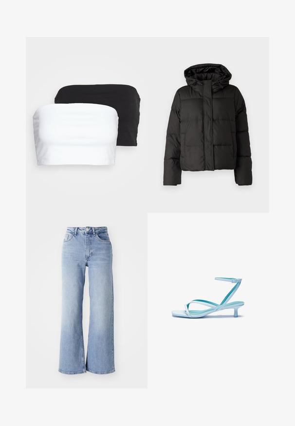 Black puffer jacket with a hood, zip front closure, quilted pattern, and elastic cuffs. Made from smooth synthetic material.; Two strapless crop tops in black and white, made from stretchy cotton fabric. Smooth texture with a simple design and no visible seams.; Light blue high-waist wide-leg jeans with front and back pockets, button closure, and subtle fading on the thighs and hems.; Light blue strappy sandal with a square toe, low heel, adjustable ankle strap, and smooth, glossy finish. Crossed straps on the footbed.