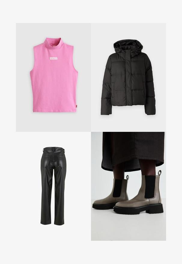 Černá péřová bunda s kapucí, zipovým zapínáním, prošívaným vzorem a elastickými manžetami. Vyrobena z hladkého syntetického materiálu.; Růžový top bez rukávů s vysokým límcem, vyrobený z měkké bavlněné látky. Obsahuje malé bílé logo Levi's na hrudi. Hladká textura a jednoduchý design.; Černé kožené kalhoty se střihem přímo na nohy. Tři zadní kapsy a hladká textura. Pas s poutky na opasek pro nastavitelný fit.; Šedé kotníkové boty vyrobené z texturované kůže s elastickými bočními panely a masivní černou podrážkou. Obsahují poutka pro snadné obouvání.