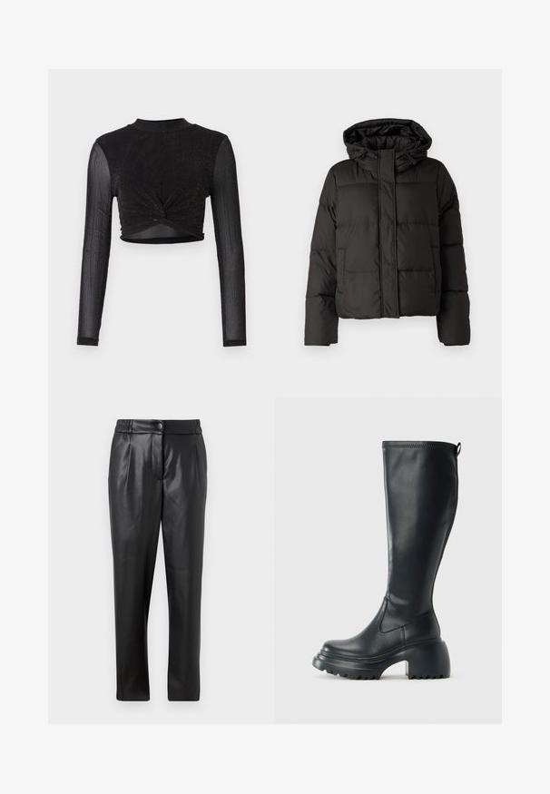 Melna pūkainā jaka ar kapuci, ar rāvējslēdzēju priekšpusei, ar izšūtu rakstu un elastīgām aprocēm. Izgatavota no gludas sintētiskas vielas.; Melnā, garajām piedurknēm, īsā topā ar pagrieztu priekšpusi, izgatavots no mirdzoša, teksturēta auduma. Augsts kakla izgriezums un pieguloša forma.; Melni ādas bikses ar gludu tekstūru, taisnu piegriezumu, elastīgu jostasvietu un priekšējo pogu aizdari; ar krokām un sašaurinātām kājām.; Augstas melnas ādas zābakus ar masīvu platformu un bloka papēdi, ar vilkšanas cilpu un strukturētu profilu uz ārējā zoles.