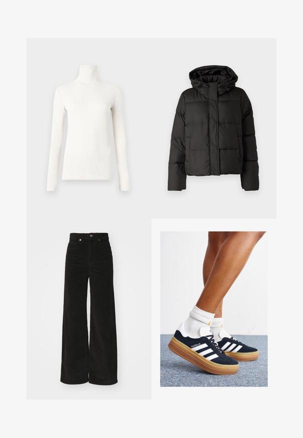 Svart pufferjakke med hette, glidelås foran, quiltet mønster og elastiske ermer. Laget av glatt syntetisk materiale.; Langermet hasetopp i off-white, laget av myk og elastisk stoff med en tettsittende design og ribbet tekstur.; Svarte corduroy vidde bukser med høy midje, med to frontlommer og metall knappelukking. Teksturert stoff med vertikale rader.; Svarte sneakers i semsket skinn med hvite striper og detaljer, rund tå, yttersåle i gummigummi, kombinert med hvite ribbestrikkede crew-sokker.