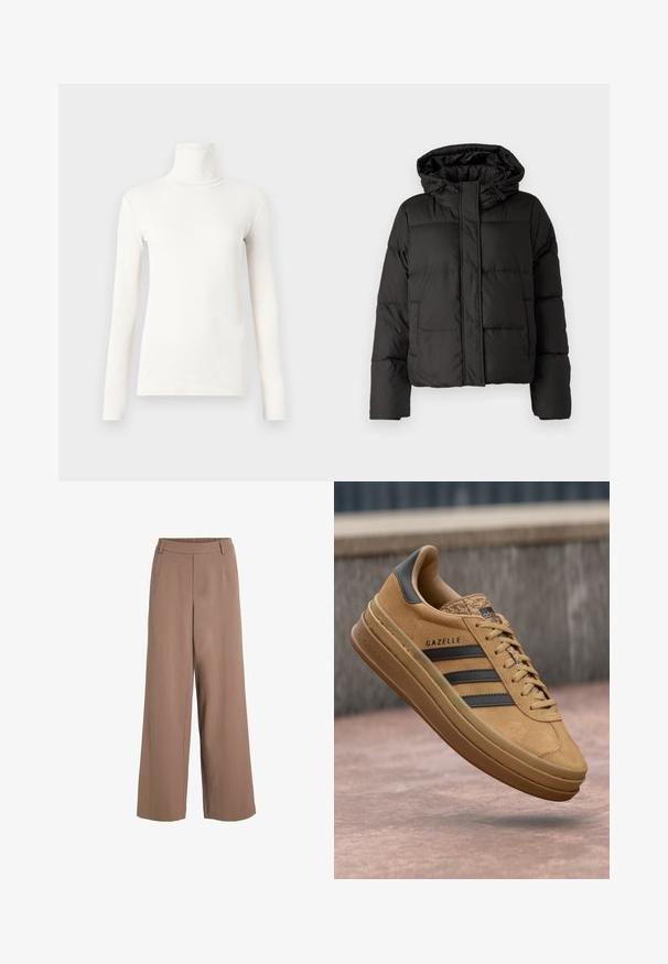 Musta puffatakki hupulla, vetoketjukiinnityksellä, tikattu kuvio ja elastiset hihansuut. Valmistettu sileästä synteettisestä materiaalista.; Pitkähihaista korkeakauluksista paitaa vaaleassa valkoisessa, pehmeästä ja joustavasta kankaasta, jossa on istuva muotoilu ja ribbineule.; Kansimaiset housut pehmeästä ruskeasta kankaasta. Ominaisuuksina elastinen vyötärö, sileä etuosa ja siistit linjat. Sileä rakenne ilman näkyviä kuvioita.; Vaaleat mokkanahkakengät, joissa on sileä pinta, kolmea tumman raitaa, pyöristetty kärki ja paksumpi pohja, jossa on kuvioitu reuna.