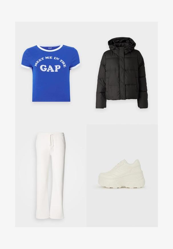 Black puffer jacket with a hood, zip front closure, quilted pattern, and elastic cuffs. Made from smooth synthetic material.; Blue cotton t-shirt with a white crew neckline and sleeve cuffs. Features front text reading "MEET ME IN THE GAP" in distressed white print.; White, relaxed-fit sweatpants made of soft fabric, featuring an elastic waistband with a drawstring and straight-leg design.; White platform sneakers featuring a smooth leather-like upper, rounded shape, padded collar, and textured rubber sole with defined treads.