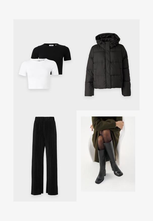 Geacă puffer neagră cu glugă, închidere cu fermoar în față, model matlasat și manșete elastice. Realizată din material sintetic neted.; Set de două tricouri scurte cu mânecă scurtă, croppate, în negru și alb, realizate dintr-un material ribbed, cu decolteu rotund și un design ajustat.; Pantaloni negri plisati cu talie elastică. Prezintă picioare largi și un material neted, texturat, cu dungi verticale.; Cizme din piele neagră, până la genunchi, cu vârf pătrat și toc bloc, prezentate pe un model așezat într-o haină verde măsline. Textură netedă, detalii minime.