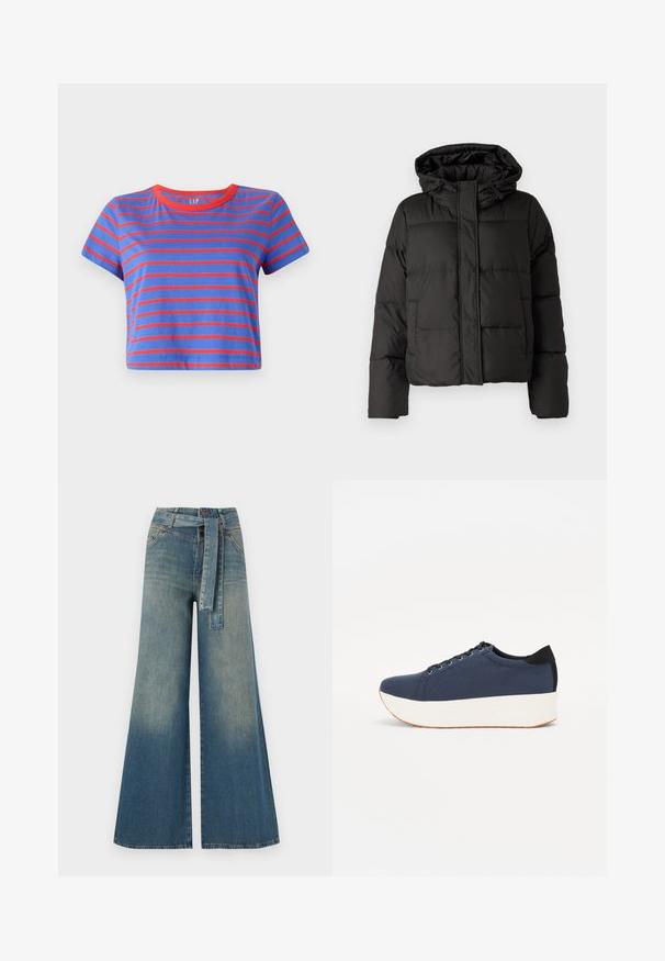 Black puffer jacket with a hood, zip front closure, quilted pattern, and elastic cuffs. Made from smooth synthetic material.; Cropped t-shirt with blue and red horizontal stripes. Features a round red neckline and short sleeves, made from soft cotton material.; Wide-leg denim trousers featuring a light to dark blue gradient, high waist, belt loops, and a matching fabric belt. Textured denim finish.; Navy blue sneaker with a textured fabric upper, white platform sole, rounded toe, and black heel accent. Features six eyelets for laces.