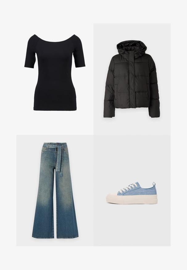 Crna puffer jakna s kapuljačom, zatvaranjem na zip, kviltanim uzorkom i elastičnim manžetama. Izrađena od glatkog sintetičkog materijala.; Crna kratka majica s kratkim rukavima, s izrezom iznad ramena, prilagođenog kroja i glatke teksture. Nema vidljivih uzoraka ili metalnih detalja.; Široke traperice s gradijentom od svijetloplave do tamnoplave, visokog struka, petljama za remen i remenom od istog materijala. Teksturirana traper tkanina.; Svijetloplave platnene tenisice s kremastim gumenim vrhom i potplatom, koje imaju bijele vezice i petnu traku.