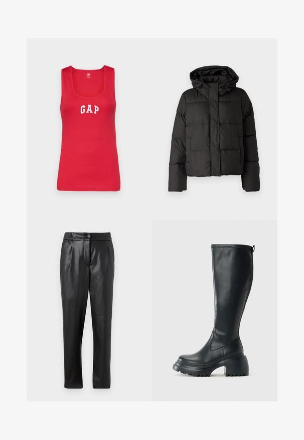 Black puffer jacket with a hood, zip front closure, quilted pattern, and elastic cuffs. Made from smooth synthetic material.; GAP TANK - Top - slipper red; Black leather pants with a smooth texture, straight fit, elastic waistband, and a front button closure; pleated detailing and tapered legs.; Tall black leather boot with chunky platform sole and block heel, featuring pull tab and textured tread on outsole.