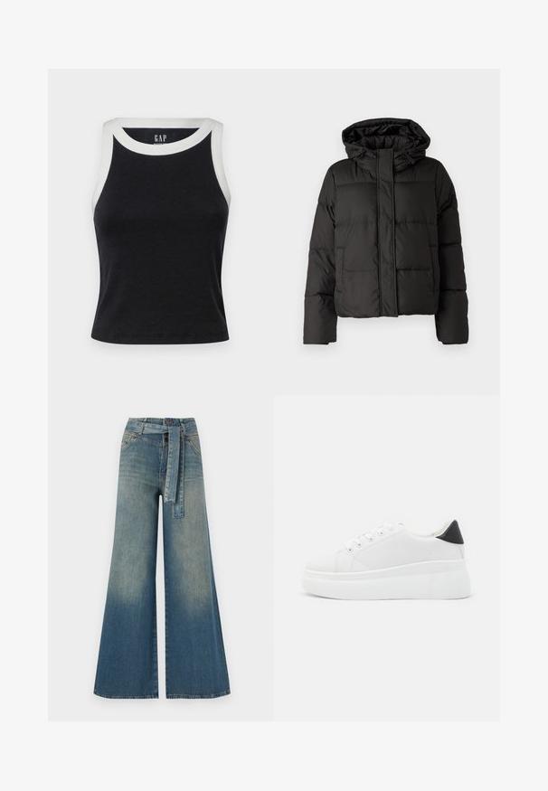 Veste doudoune noire avec capuche, fermeture éclair à l'avant, motif matelassé et poignets élastiques. Fabriquée en matériau synthétique lisse.; GAP MOD RIB HALTER CROP - Débardeur - black/white; Pantalons en denim à jambe large présentant un dégradé de bleu clair à bleu foncé, taille haute, passants de ceinture et une ceinture en tissu assortie. Finition en denim texturé.; Baskets plates blanches en matériau synthétique lisse, avec un bout arrondi, un design à lacets et une semelle en caoutchouc texturé. Accent de talon noir.