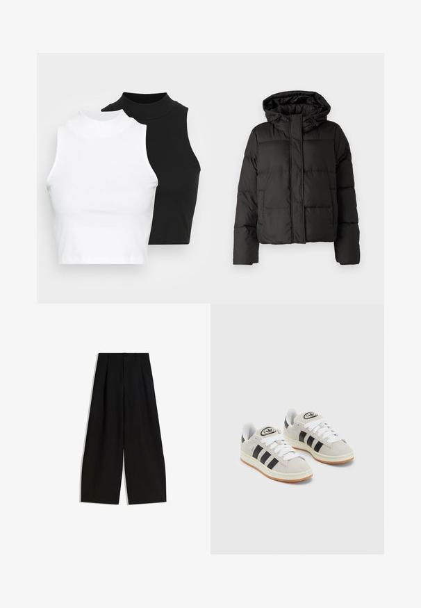 Zwarte gewatteerde jas met capuchon, ritssluiting aan de voorkant, gestikt patroon en elastische manchetten. Gemaakt van glad synthetisch materiaal.; Twee mouwloze ribgebreide coltruien in zwart en wit, met een slim fit ontwerp en een gladde textuur, met een cropped lengte.; Zwarte wijde pijpen broek van gladde stof, met een hoge taille, plooien aan de voorkant en geen zichtbare versieringen of patronen.; Grijze nubucklederen sneakers met witte veters, zwarte strepen en een witte rubberen zool. Bevat een rond logo op de tong en een gumzool.