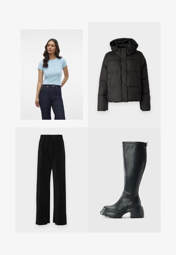 Svart pufferjakke med hette, glidelås foran, quiltet mønster og elastiske ermer. Laget av glatt syntetisk materiale.; Lyseblå, ribbet t-skjorte med korte ermer, rund hals og tettsittende design, kombinert med mørke, høyt liv jeans.; Sorte plisserte bukser med elastisk midje. Har vide ben og et glatt, strukturert stoff med vertikale striper.; Høy svart lærstøvel med chunky plattformsåle og blokkhelt, med trekkstang og teksturert mønster på yttersålen.