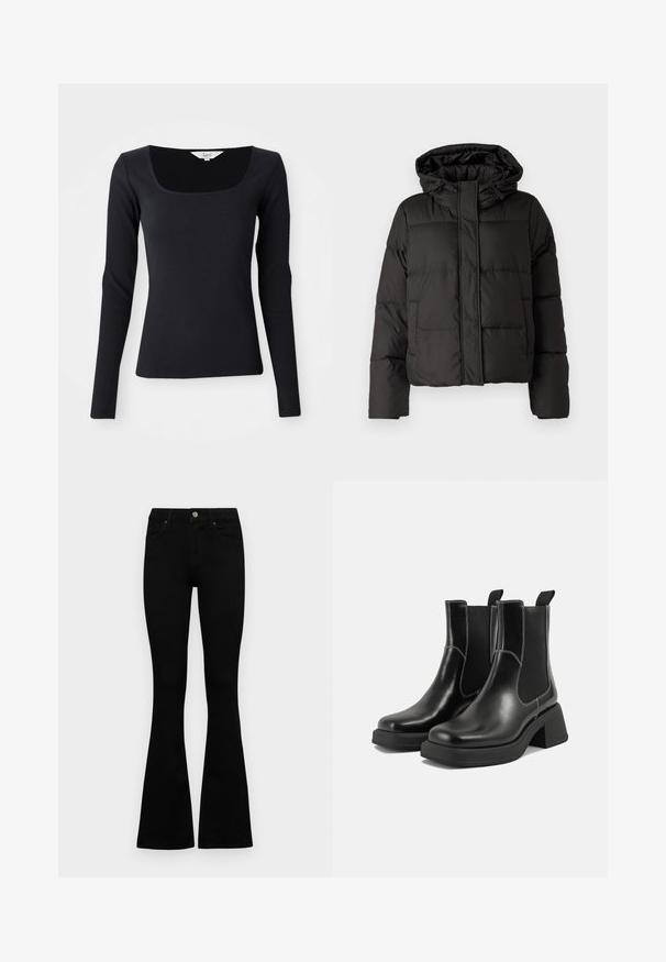 Casaco puffer preto com capuz, fecho frontal com zip e padrão acolchoado, com punhos elásticos. Feito de material sintético liso.; Top preto de manga longa canelado com decote quadrado, feito de um material elástico, design ajustado e cor sólida sem padrões ou adornos.; Jeans pretos de cintura alta com fecho de botão e zíper, bolsos frontais e pernas largas dispostos em cima de um fundo branco.; Botas Chelsea em couro preto com um salto grosso, painéis laterais elásticos e costura branca em contraste. Acabamento texturizado.