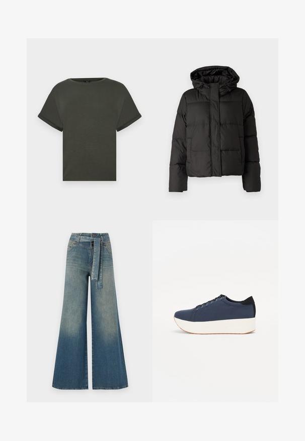 Zwarte gewatteerde jas met capuchon, ritssluiting aan de voorkant, gestikt patroon en elastische manchetten. Gemaakt van glad synthetisch materiaal.; Olijfgroene T-shirt met korte mouwen van zachte stof, met een ronde halslijn en opgerolde manchetten. Rechte snit met een eenvoudig ontwerp.; Wijduitlopende denim broek met een lichte naar donkere blauwe gradient, hoge taille, riemlussen en een bijpassende stoffen riem. Gestructureerde denimafwerking.; Marineblauwe sneaker met een textuurstof bovenwerk, witte platformzool, ronde neus en zwart hakaccent. Voorzien van zes gaatjes voor veters.