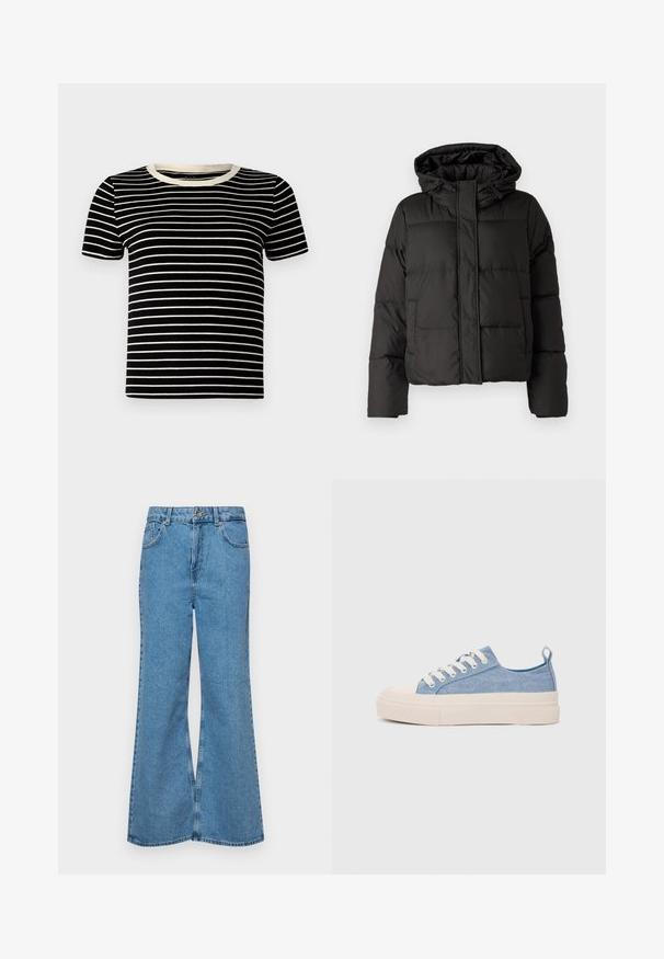 Zwarte gewatteerde jas met capuchon, ritssluiting aan de voorkant, gestikt patroon en elastische manchetten. Gemaakt van glad synthetisch materiaal.; Zwart en crèmekleurig gestreept t-shirt met korte mouwen, een geribbelde textuur en een ronde halslijn. De strepen zijn gelijkmatig verdeeld en horizontaal.; Lichtblauwe flared jeans van denim, met een hoge taille, vijf zakken en een enkele knoopsluiting. Zachte textuur met een vervaagde afwerking.; Lichtblauwe canvas sneakers met een crème rubberen neuskap en zool, voorzien van witte veters en een trekstrip op de hiel.