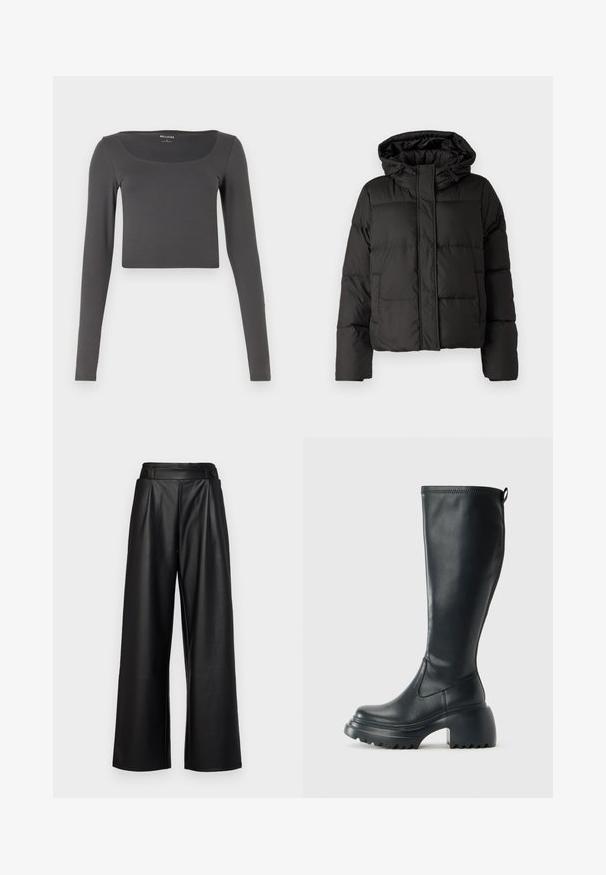 Juodas pūkinis džinsas su kapišonu, užtrauktuku priekyje, siuvinėtu raštu ir elastingais rankogaliais. Pagamintas iš lygios sintetinės medžiagos.; Ilgais rankovės, trumpas švarkelis tamsiai pilkos spalvos, pagamintas iš minkštos medžiagos. Turi plačią apykaklę ir prigludusią siluetą, be matomų raštų ar akcentų.; Juodi, platūs odiniai kelnių modeliai, turintys aukštą liemenį, klostes ir dvi apvalias mygtukus priekyje užsegimui.; Ilgas juodos odinės batai su masyvi platforma ir stačiakampiu kulnu, turintys traukimo kilpą ir tekstūruotą pado raštą.