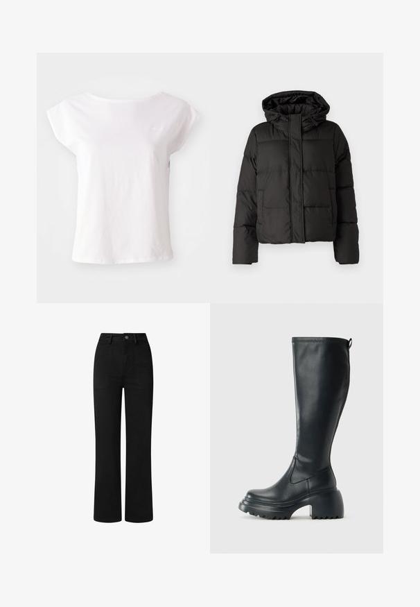 Črna puhovka s kapuco, zadrgo spredaj, prešito vzorec in elastičnimi manšetami. Narejena iz gladkega sintetičnega materiala.; Bela majica s kratkimi rokavi iz bombaža, ki ima okroglo ovratnik in ohlapen kroj. Vključuje subtilen logotip na prsih.; Črne, hlače z visoko pasom in ravnim krojem, izdelane iz gladkega bombažnega blaga. Značilnosti vključujejo sprednje žepe in preprost kovinski gumb za zapiranje.; Visoka črna usnjena škornja s debelim podplatnim solejem in blok peto, opremljena s potegom in strukturiranim profilom na podplatu.