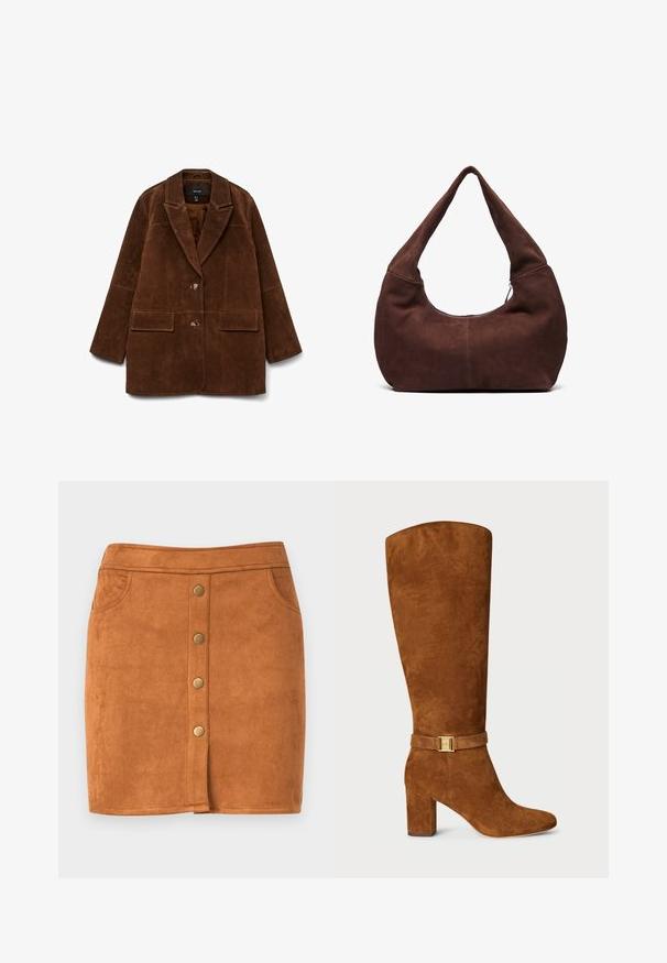 Blazer in suede marrone con colletto a punta, due tasche frontali e chiusura con un bottone. Texture morbida e silhouette sartoriale.; Top corto senza maniche color crema con spalline larghe e una fila frontale di piccoli bottoni bianchi al centro.; Mini gonna in suede marrone con taglio dritto, dotata di chiusura frontale con bottoni, due tasche laterali e dettagli di cucitura sottili.; Stivale in camoscio marrone alto fino al ginocchio con punta quadrata, tacco chunky e dettaglio con fibbia dorata su una fascia in camoscio abbinato attorno alla caviglia.; Borsa hobo in suede marrone con una maniglia curva e larga e un'ampia apertura. Tessuto morbido con dettagli di cucitura visibili lungo i bordi.