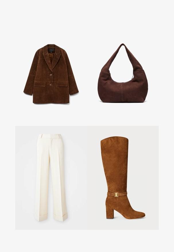 Blazer de camurça castanha com gola em notched, duas bolsos frontais e fecho com um único botão. Textura macia e silhueta ajustada.; Top cropped sem mangas, na cor creme, com alças largas e uma fileira frontal de pequenos botões brancos ao centro.; Calças largas bege com uma textura suave, pregas frontais e punhos dobrados. Apresenta passantes para cinto e fecho com fecho de correr.; Bota alta em camurça castanha, com bico quadrado, salto robusto e um detalhe de fivela em tom dourado numa tira de camurça a condizer à volta do tornozelo.; Bolsa hobo em camurça castanha com uma alça curva e larga e uma grande abertura. Textura suave com costura visível ao longo das bordas.