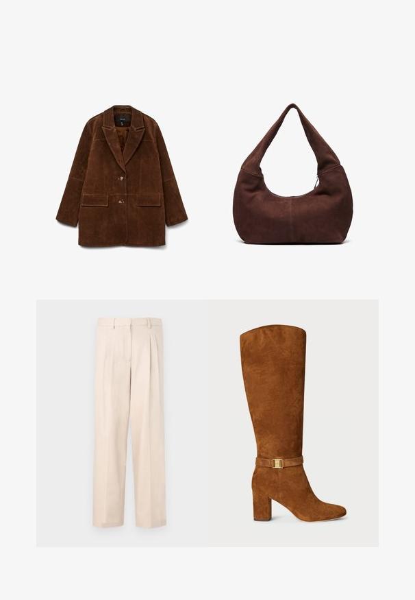 Brown suede blazer with a notched collar, two front pockets, and a single button closure. Soft texture and tailored silhouette.; Cream-colored sleeveless cropped top with wide straps and a front row of small white buttons down the center.; Beige trousers with pleats, made of smooth fabric. Features a waistband with belt loops and straight leg design, no visible pockets.; Brown suede knee-high boot with a square toe, chunky heel, and a gold-tone buckle detail on a matching suede strap around the ankle.; Brown suede hobo bag with a curved, wide handle and a large opening. Soft texture with visible stitching detailing along the edges.