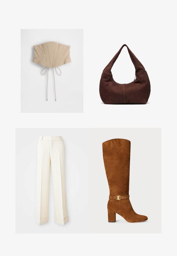 Pruun suede bleiser, millel on nurgeline krae, kaks esist kotti ja üksik nupp. Pehme tekstuur ja kohandatud siluett.; Beez korsett ülaosa vertikaalsete voldikutega, millel on kitsendatud talje ja reguleeritavad sidemed seljaosas metallotsikutega. Sile kangastekstuuri.; Beezid laiavad püksid sileda tekstuuriga, esiplekkide ja voltidega mansettidega. Omab vööloopide ja tõmbluku kinnitust.; Pruun südame nahast kõrge saapa, millel on ruudukujuline varvas, paks konts ning kuldse tooni pandla detail, mis on sobiva südame nööri ümber pahkluu.; Pruuni nahkhiirekott, millega on kaasas kumer ja lai käepide ning suur avaus. Pehme tekstuuriga, mille servadel on nähtavad õmblustähed.