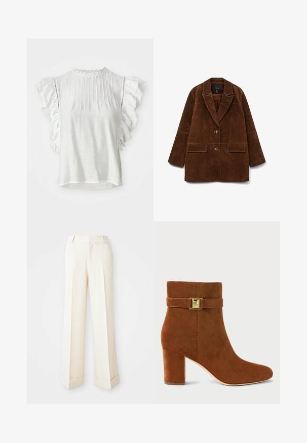 Brun semsket blazer med notched krage, to frontlommer og en enkelt knappåpning. Myk tekstur og skreddersydd silhuett.; Hvit kortermet bluse med plisseringer, volanger på skuldrene og en høy halskant med blonder. Mykt stoff med en glatt tekstur.; Beige vide bukser med en glat tekstur, frontfold og opslåede manchetter. Har bæltestropper og lynlås lukning.; Brune semsket ankelstøvlett med blokkheel. Har en gullfarget spenne rundt ankelen og en glatt, avsmalnende tå.