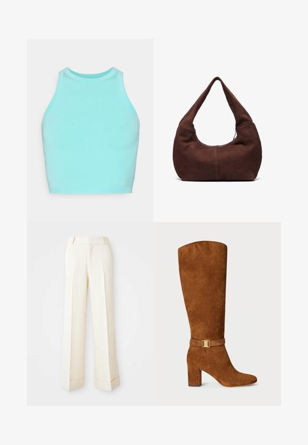 Brun mockaskinnsblazer med slagkrage, två framfickor och enkel knappstängning. Mjuk textur och skräddarsydd silhuett.; Ljust blå crop top i stretchy bomull, med hög halsringning och ärmlös design, med en jämn textur och jämna sömmar.; Beiga vida byxor med en mjuk textur, framveck, och vikta muddar. Har bälteshällor och dragkedjestängning.; Brun mocka knähöga stövlar med fyrkantig tå, chunky klack och en guldfärgad spänndetalj på en matchande mockarem kring vristen.; Brun mockaim väskan med ett böjt, brett handtag och en stor öppning. Mjuk textur med synlig sömnadsdetalj längs kanterna.