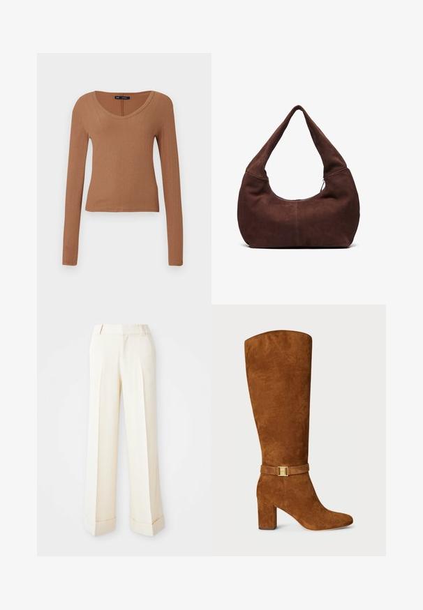 Bruine suède blazer met een gelapte kraag, twee voorkruiden en een enkele knoopsluiting. Zachte textuur en getailleerde silhoutte.; Bruine, geribde top met lange mouwen en een ronde halslijn, met een aansluitend ontwerp. Gemaakt van een zachte, rekbare stof voor comfort.; Beige wijdleggen broek met een gladde textuur, voorplooien en opgevouwen mouwen. Heeft riemlussen en een ritsluiting.; Bruine suède kniehoge laars met een vierkante neus, chunky hak en een goudkleurige gespdetail op een bijpassende suède band om de enkel.; Bruin suède hobo tas met een gebogen, brede handgreep en een grote opening. Zachte textuur met zichtbare stiksels langs de randen.